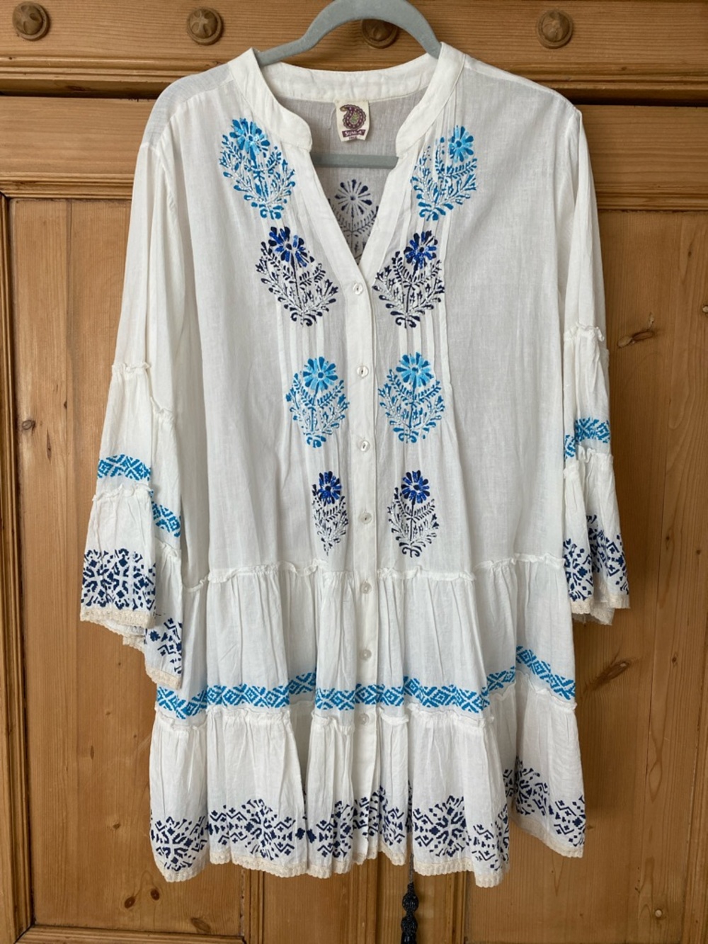 White Long-Sleeve Tunic Dress with Blue Floral Embroidery Boho Chic